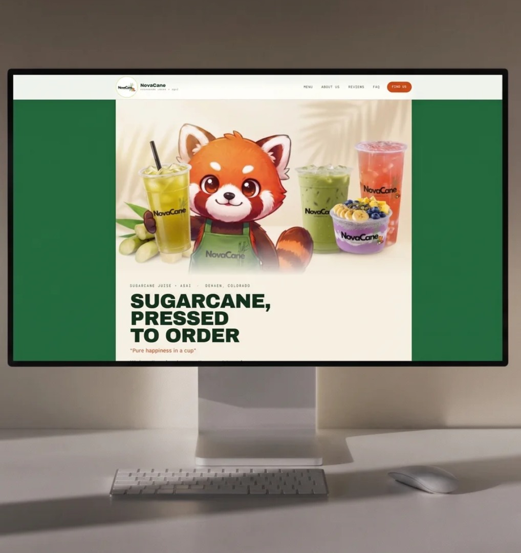 The NovaCane homepage shown on a desktop monitor, headline Sugarcane, Pressed To Order