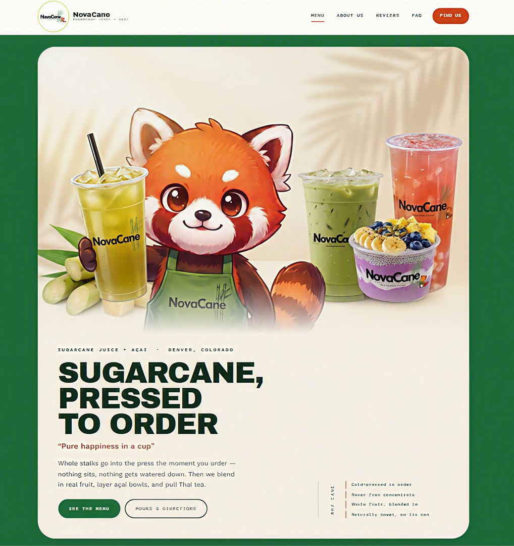 The NovaCane landing page: mascot and drinks above the headline Sugarcane, Pressed To Order, with intro copy and buttons