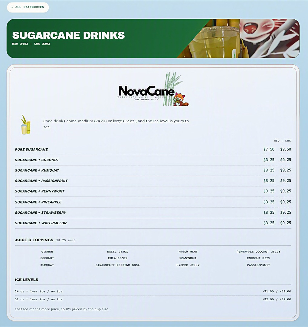 The Sugarcane Drinks menu category: eight drinks with medium and large pricing, toppings and ice levels