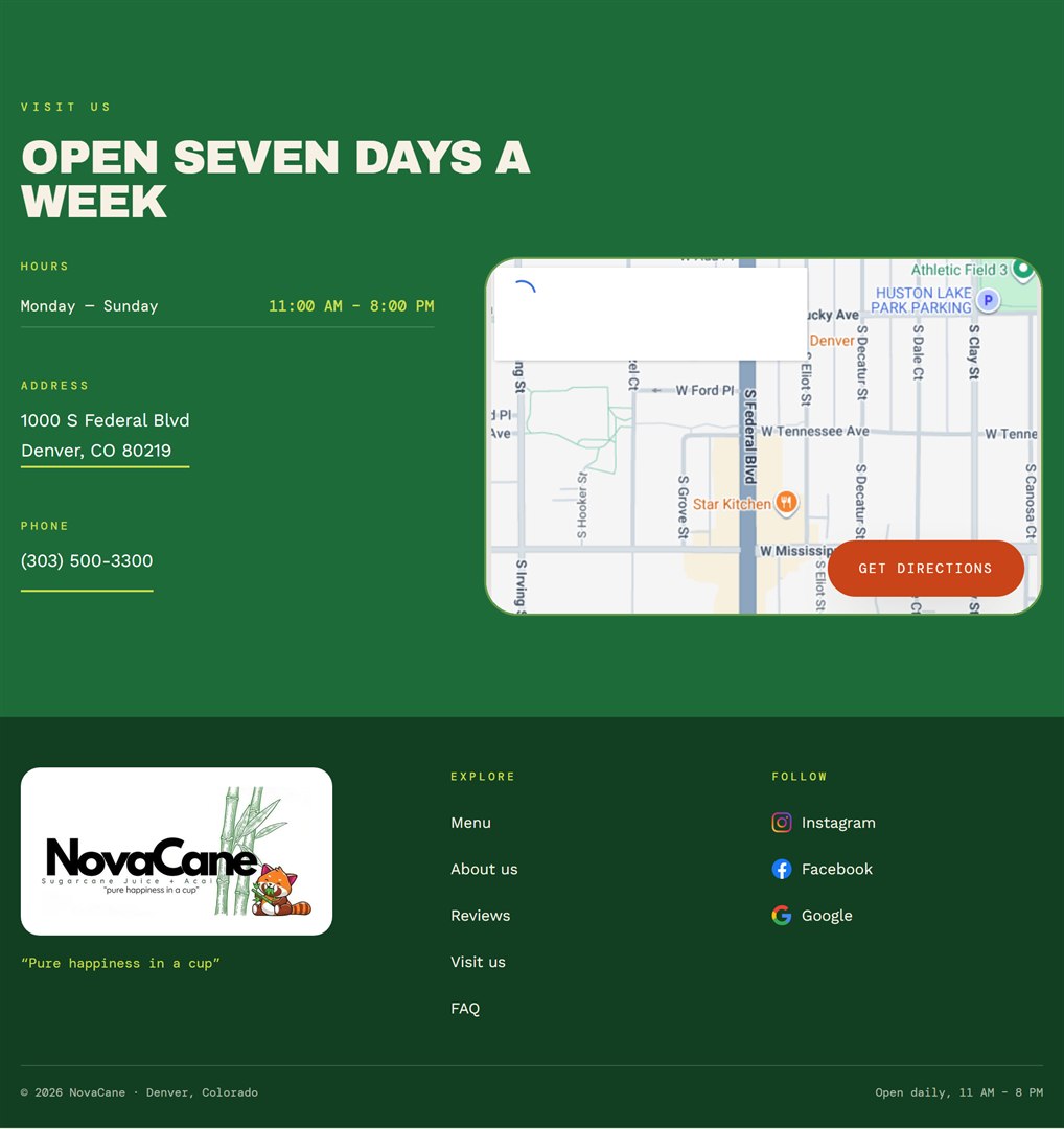 The NovaCane visit section: opening hours, address on South Federal Boulevard, phone number and an embedded map with a Get Directions button, above the site footer